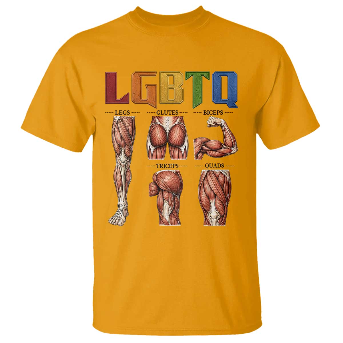 LGBTQ Acronym Funny Fitness Gym Rainbow Muscle Graphic T Shirt Legs Glutes Biceps Triceps Quads TS02 Gold Print Your Wear