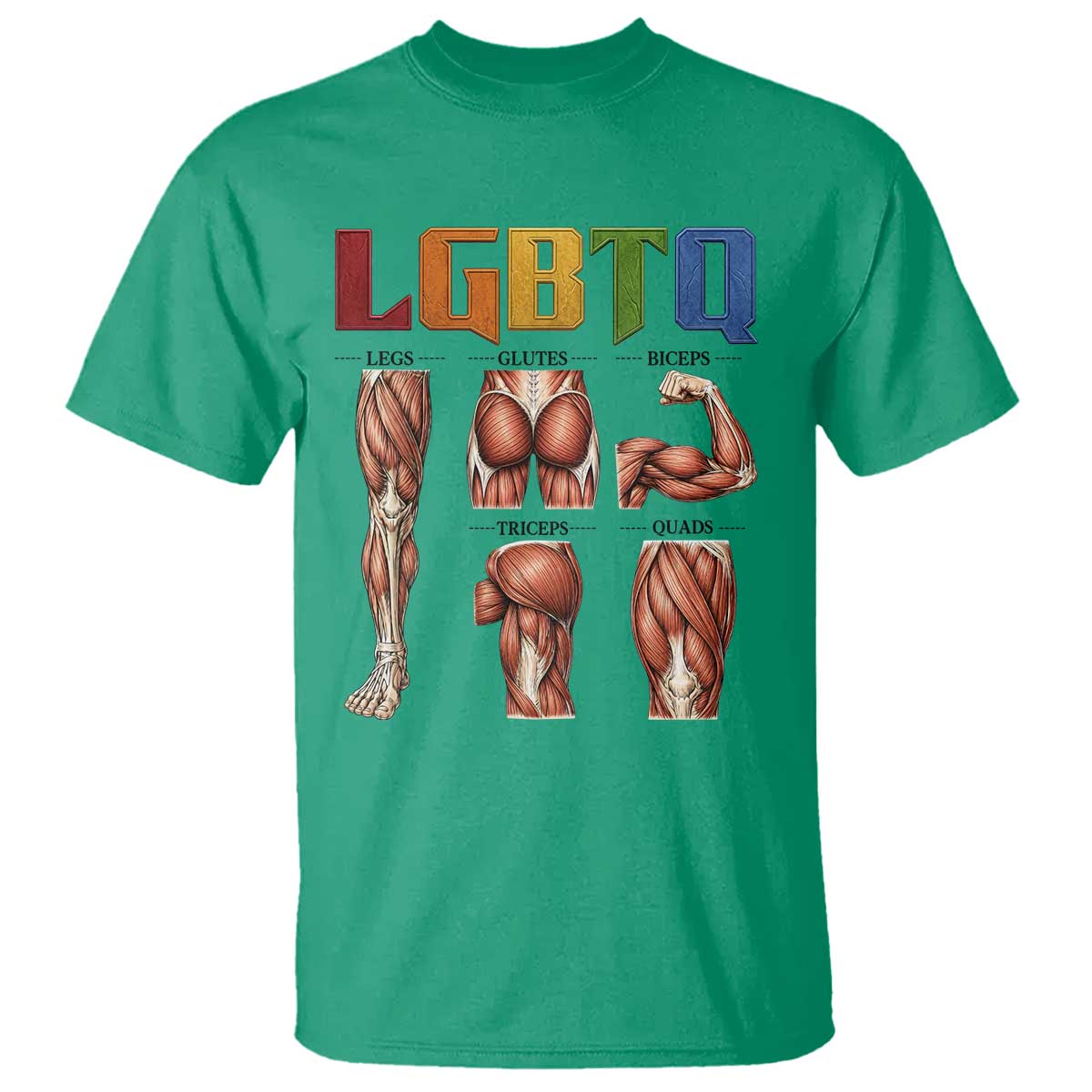 LGBTQ Acronym Funny Fitness Gym Rainbow Muscle Graphic T Shirt Legs Glutes Biceps Triceps Quads TS02 Irish Green Print Your Wear