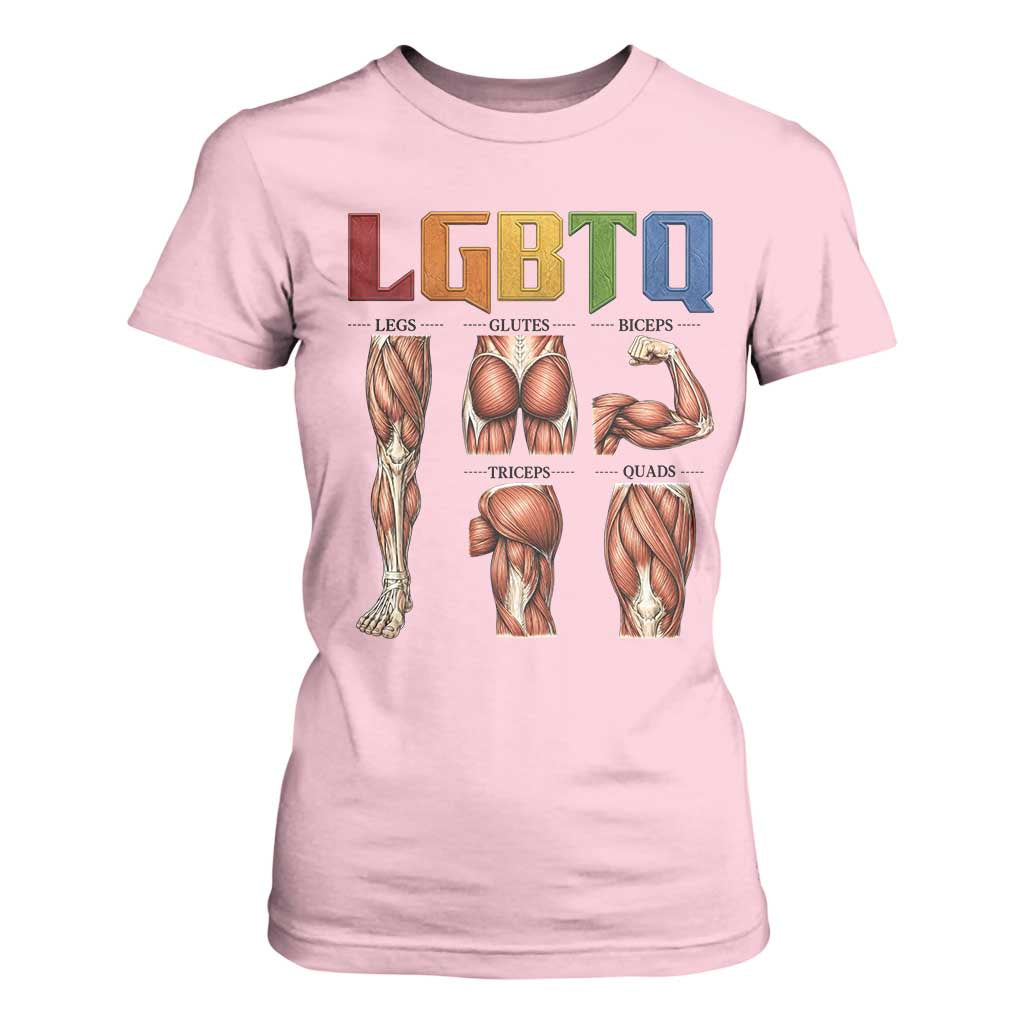 LGBTQ Acronym Funny Fitness Gym Rainbow Muscle Graphic T Shirt For Women Legs Glutes Biceps Triceps Quads TS02 Light Pink Print Your Wear