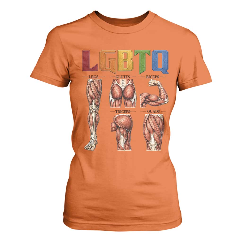 LGBTQ Acronym Funny Fitness Gym Rainbow Muscle Graphic T Shirt For Women Legs Glutes Biceps Triceps Quads TS02 Orange Print Your Wear