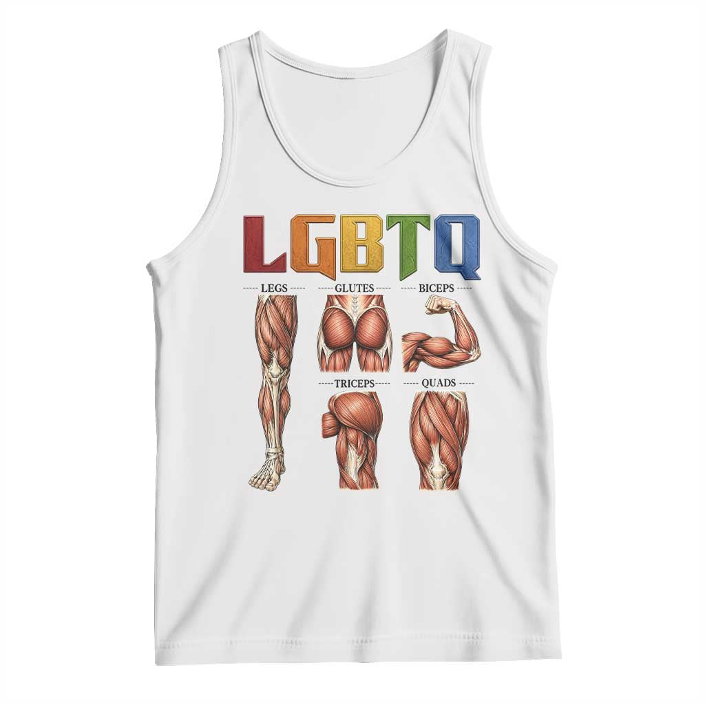 LGBTQ Acronym Funny Fitness Gym Rainbow Muscle Graphic Tank Top Legs Glutes Biceps Triceps Quads TS02 White Print Your Wear