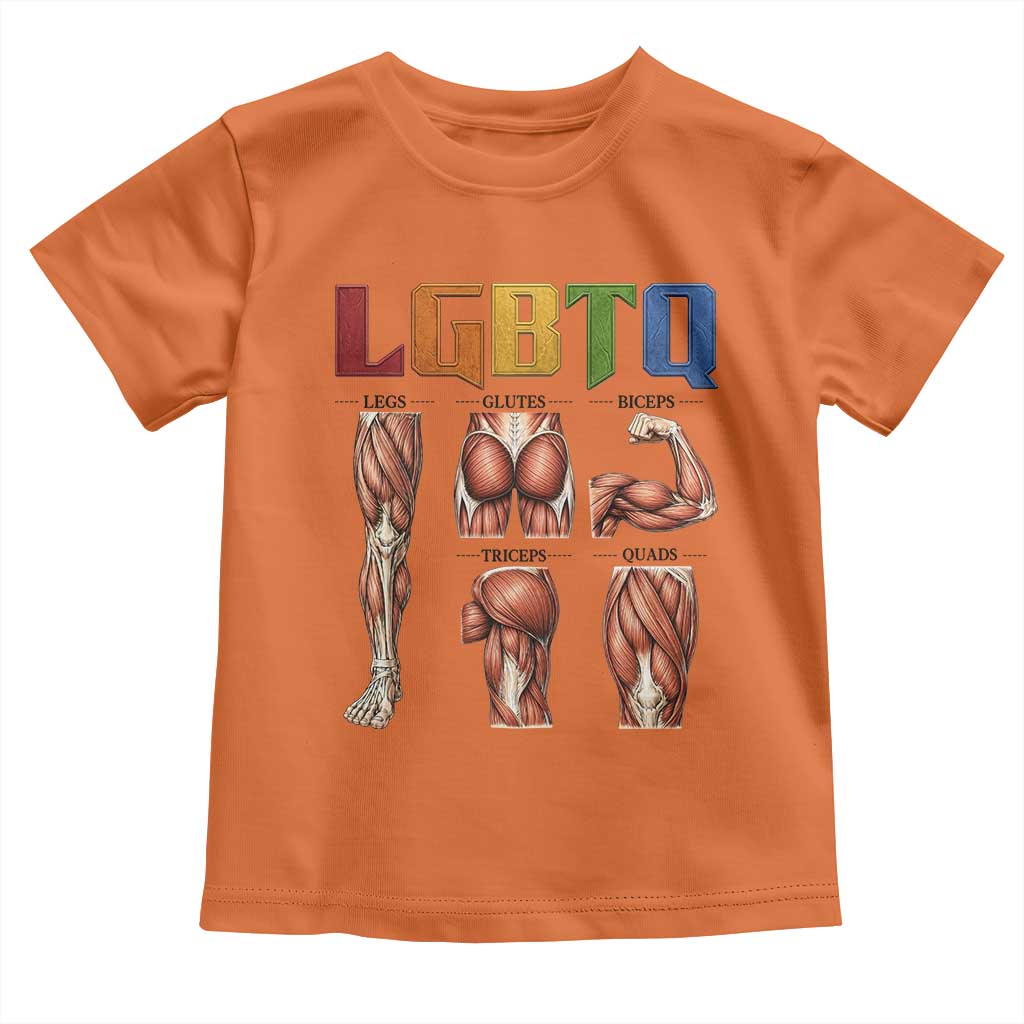 LGBTQ Acronym Funny Fitness Gym Rainbow Muscle Graphic Toddler T Shirt Legs Glutes Biceps Triceps Quads TS02 Orange Print Your Wear