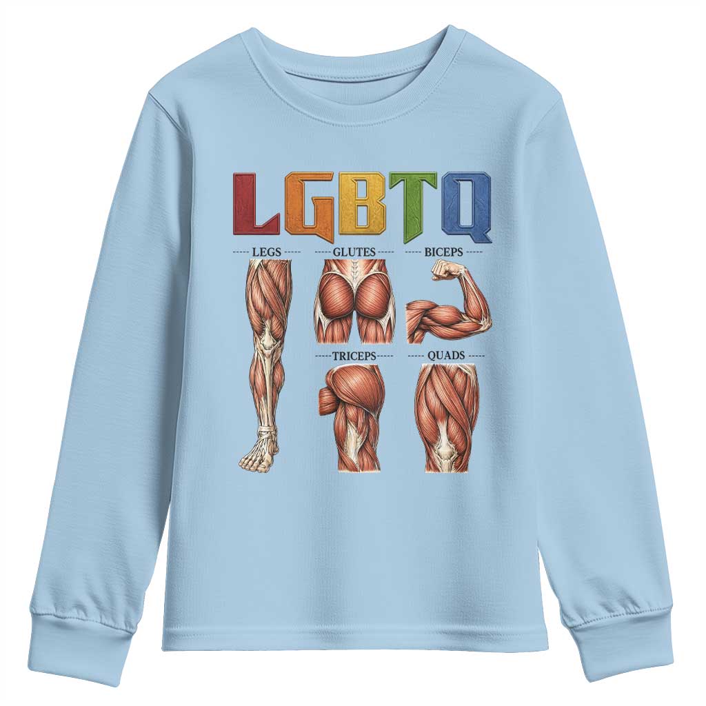 LGBTQ Acronym Funny Fitness Gym Rainbow Muscle Graphic Youth Sweatshirt Legs Glutes Biceps Triceps Quads TS02 Light Blue Print Your Wear