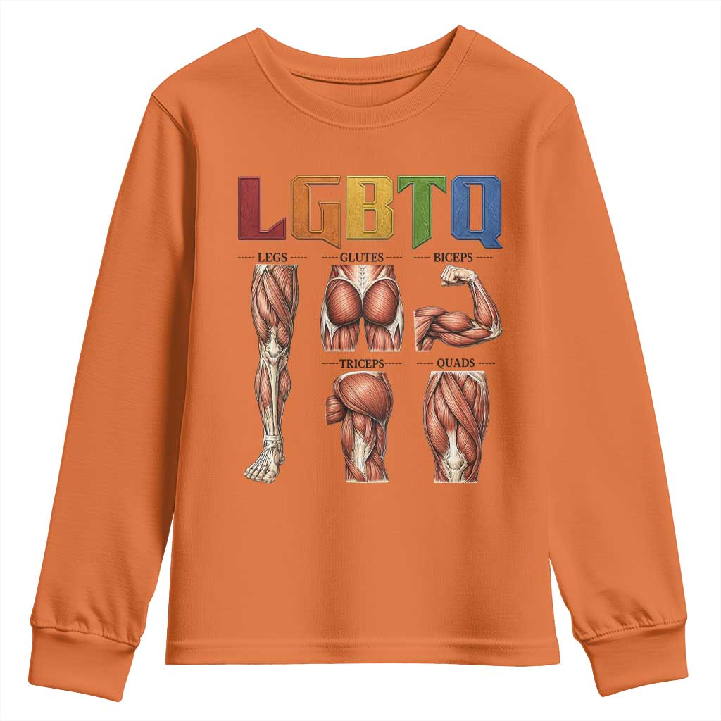 LGBTQ Acronym Funny Fitness Gym Rainbow Muscle Graphic Youth Sweatshirt Legs Glutes Biceps Triceps Quads TS02 Orange Print Your Wear