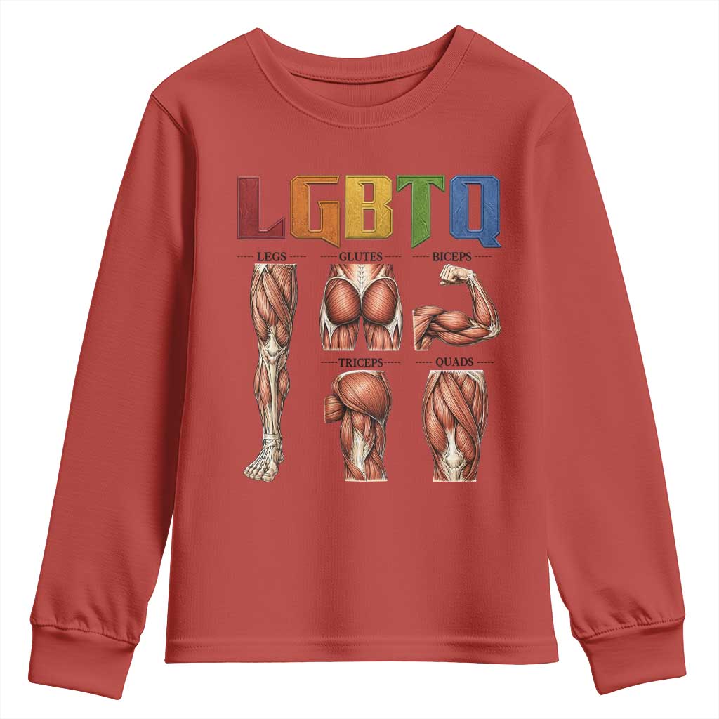 LGBTQ Acronym Funny Fitness Gym Rainbow Muscle Graphic Youth Sweatshirt Legs Glutes Biceps Triceps Quads TS02 Red Print Your Wear
