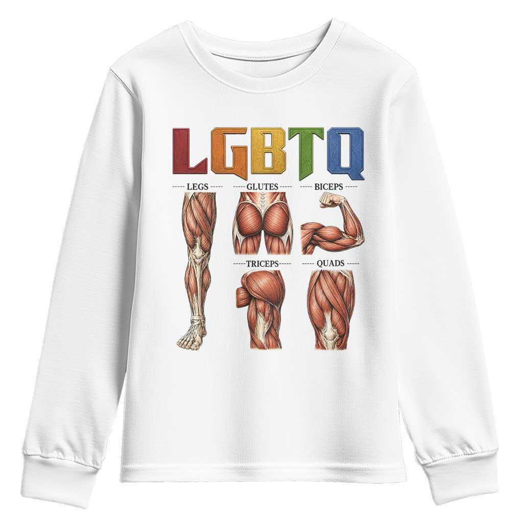 LGBTQ Acronym Funny Fitness Gym Rainbow Muscle Graphic Youth Sweatshirt Legs Glutes Biceps Triceps Quads TS02 White Print Your Wear