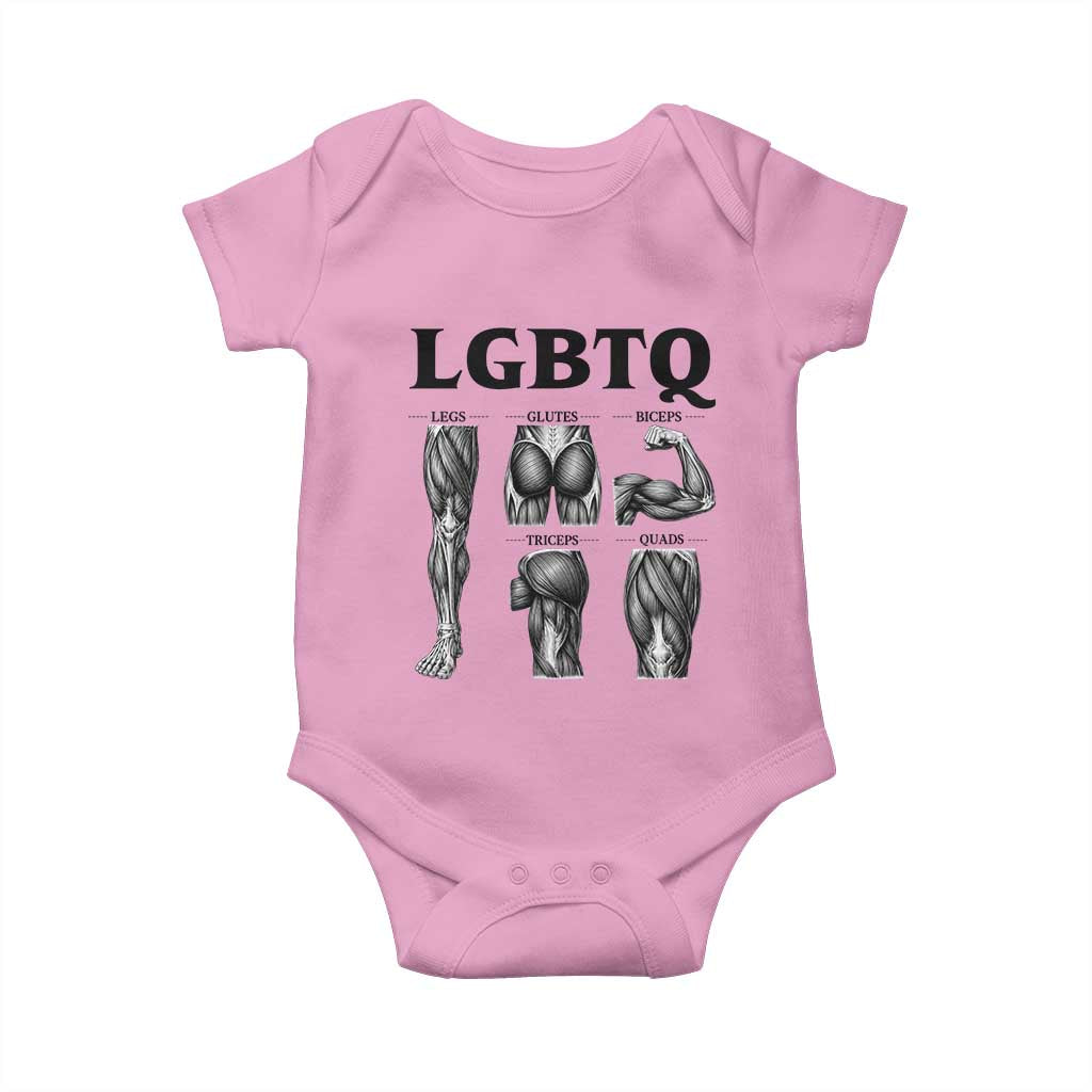 LGBTQ Acronym Funny Fitness Gym Muscle Graphic Baby Onesie Legs Glutes Biceps Triceps Quads TS02 Light Pink Print Your Wear