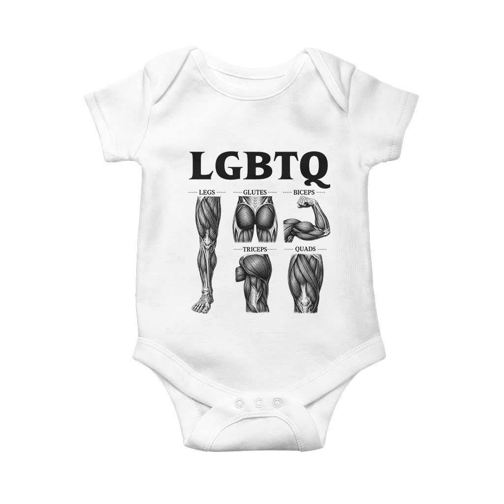 LGBTQ Acronym Funny Fitness Gym Muscle Graphic Baby Onesie Legs Glutes Biceps Triceps Quads TS02 White Print Your Wear