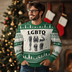 LGBTQ Acronym Funny Fitness Gym Muscle Graphic Ugly Christmas Sweater Legs Glutes Biceps Triceps Quads TS02 Beige Green Print Your Wear