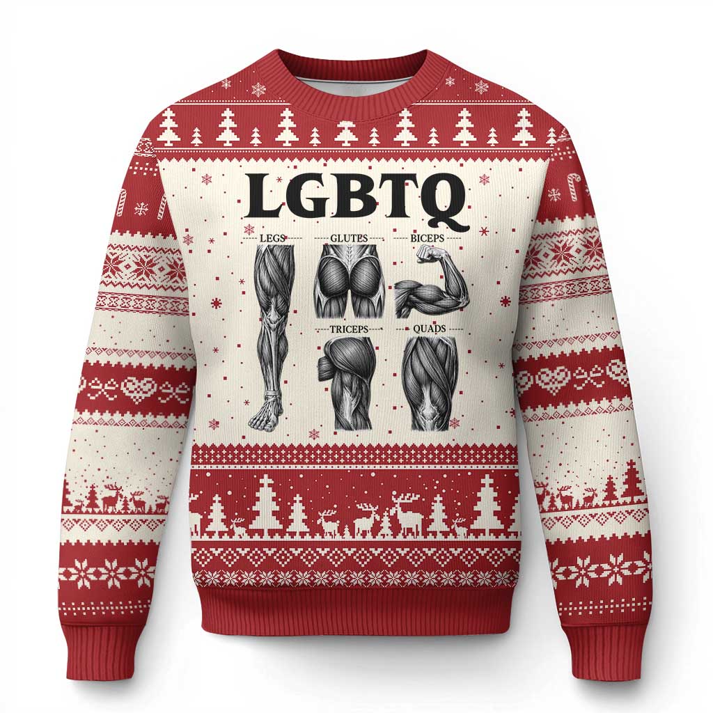 LGBTQ Acronym Funny Fitness Gym Muscle Graphic Ugly Christmas Sweater Legs Glutes Biceps Triceps Quads TS02 Beige Red Print Your Wear
