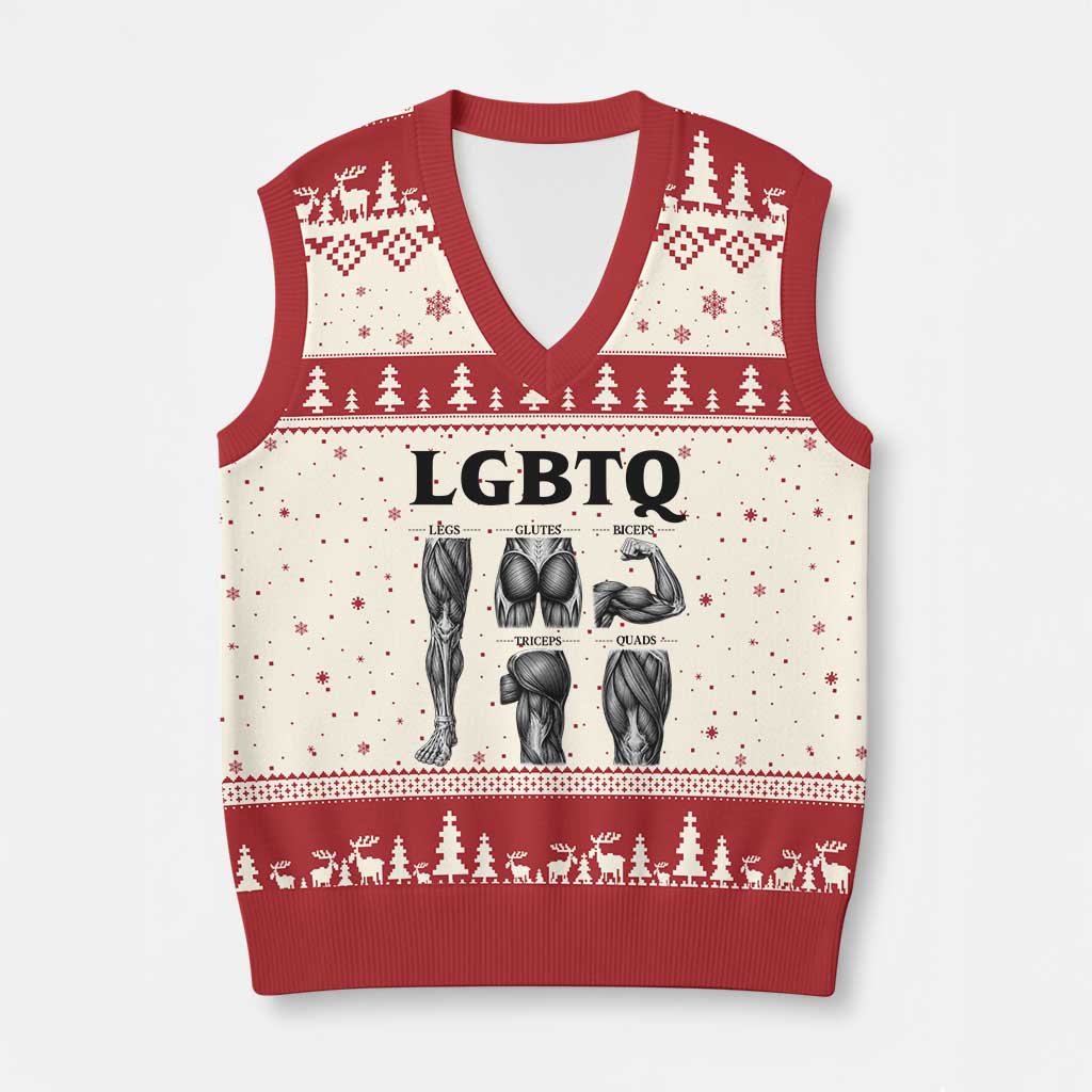 LGBTQ Acronym Funny Fitness Gym Muscle Graphic V-Neck Knit Sweater Vest Legs Glutes Biceps Triceps Quads TS02 Beige Red Print Your Wear