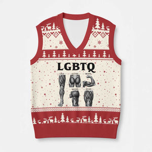 LGBTQ Acronym Funny Fitness Gym Muscle Graphic V-Neck Knit Sweater Vest Legs Glutes Biceps Triceps Quads TS02 Beige Red Print Your Wear