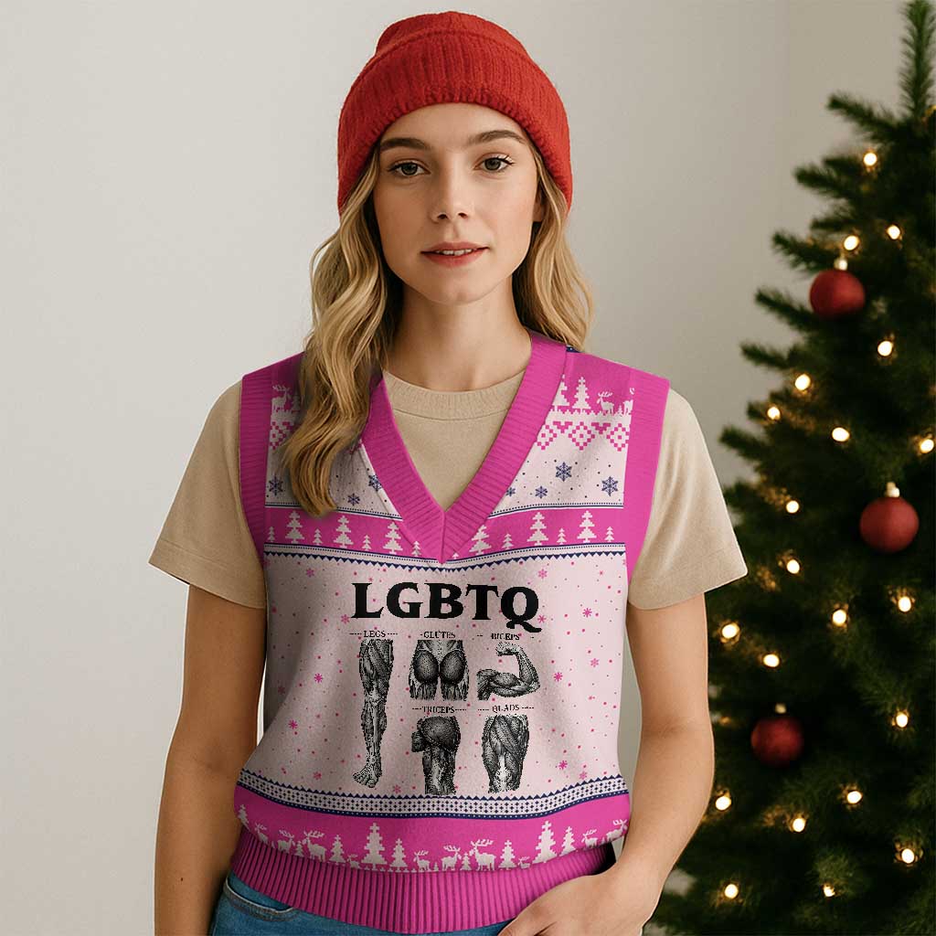 LGBTQ Acronym Funny Fitness Gym Muscle Graphic V-Neck Knit Sweater Vest Legs Glutes Biceps Triceps Quads TS02 Hot Pink Print Your Wear