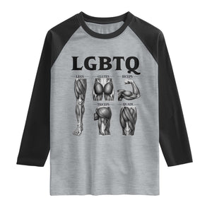 LGBTQ Acronym Funny Fitness Gym Muscle Graphic Raglan Shirt Legs Glutes Biceps Triceps Quads TS02 Heather Gray Black Print Your Wear