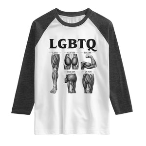 LGBTQ Acronym Funny Fitness Gym Muscle Graphic Raglan Shirt Legs Glutes Biceps Triceps Quads TS02 White Heather Charcoal Print Your Wear