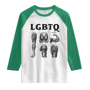 LGBTQ Acronym Funny Fitness Gym Muscle Graphic Raglan Shirt Legs Glutes Biceps Triceps Quads TS02 White Kelly Green Print Your Wear