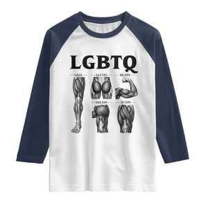 LGBTQ Acronym Funny Fitness Gym Muscle Graphic Raglan Shirt Legs Glutes Biceps Triceps Quads TS02 White Navy Print Your Wear