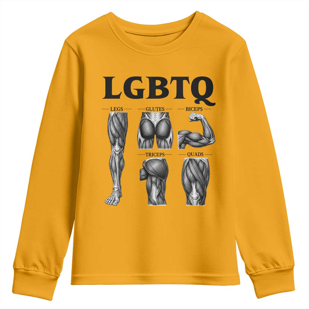 LGBTQ Acronym Funny Fitness Gym Muscle Graphic Youth Sweatshirt Legs Glutes Biceps Triceps Quads TS02 Gold Print Your Wear