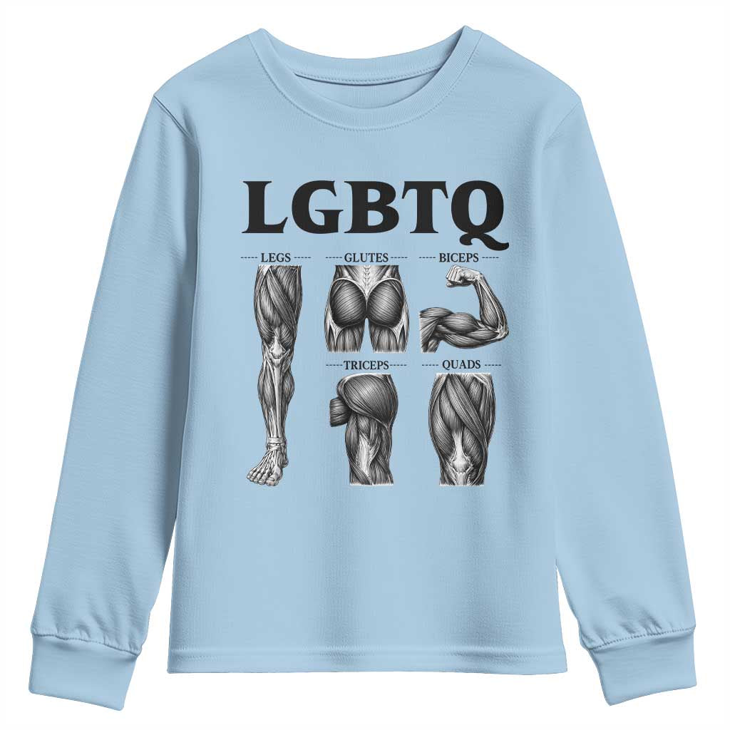 LGBTQ Acronym Funny Fitness Gym Muscle Graphic Youth Sweatshirt Legs Glutes Biceps Triceps Quads TS02 Light Blue Print Your Wear