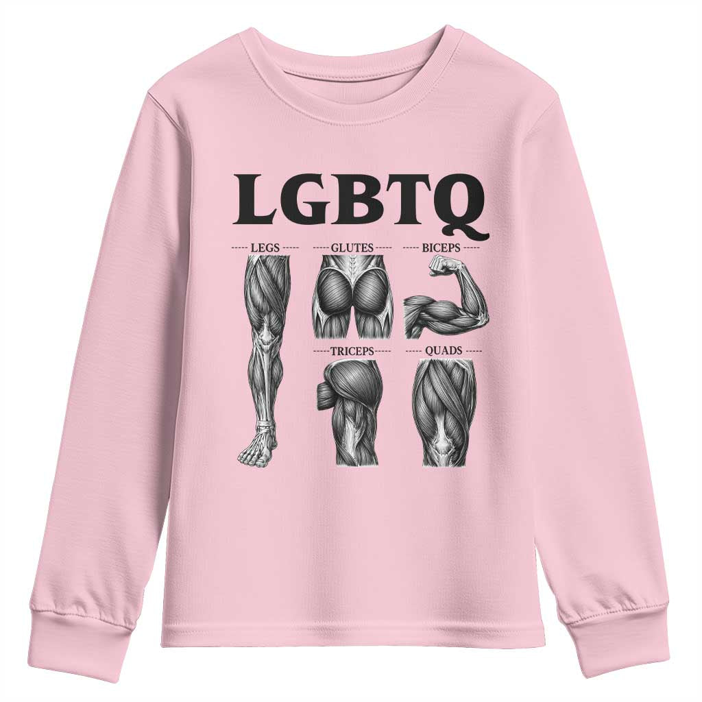 LGBTQ Acronym Funny Fitness Gym Muscle Graphic Youth Sweatshirt Legs Glutes Biceps Triceps Quads TS02 Light Pink Print Your Wear