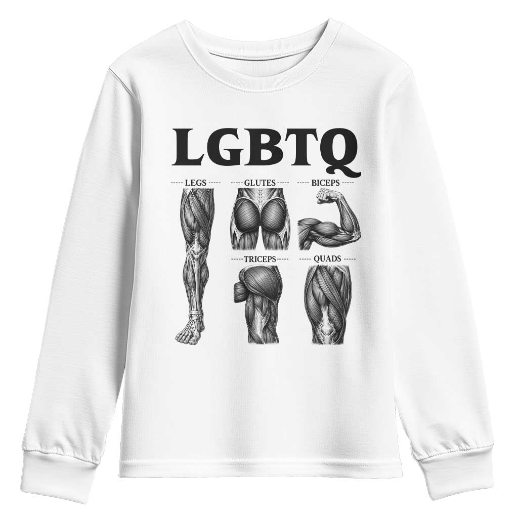 LGBTQ Acronym Funny Fitness Gym Muscle Graphic Youth Sweatshirt Legs Glutes Biceps Triceps Quads TS02 White Print Your Wear