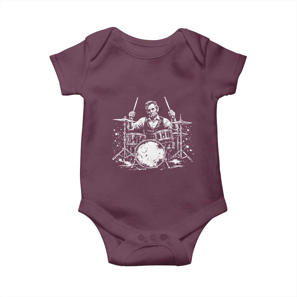Vintage Abraham Lincoln Playing Drums Graphic Baby Onesie Abe Musician Patriotic Rockstar Drummer President TS02 Maroon Print Your Wear
