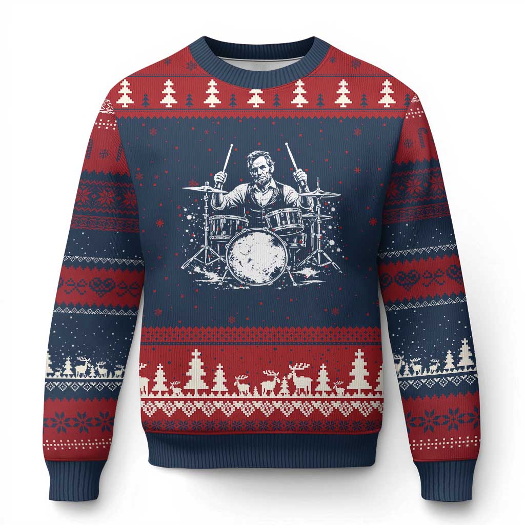 Vintage Abraham Lincoln Playing Drums Graphic Ugly Christmas Sweater Abe Musician Patriotic Rockstar Drummer President TS02 Navy Red Print Your Wear