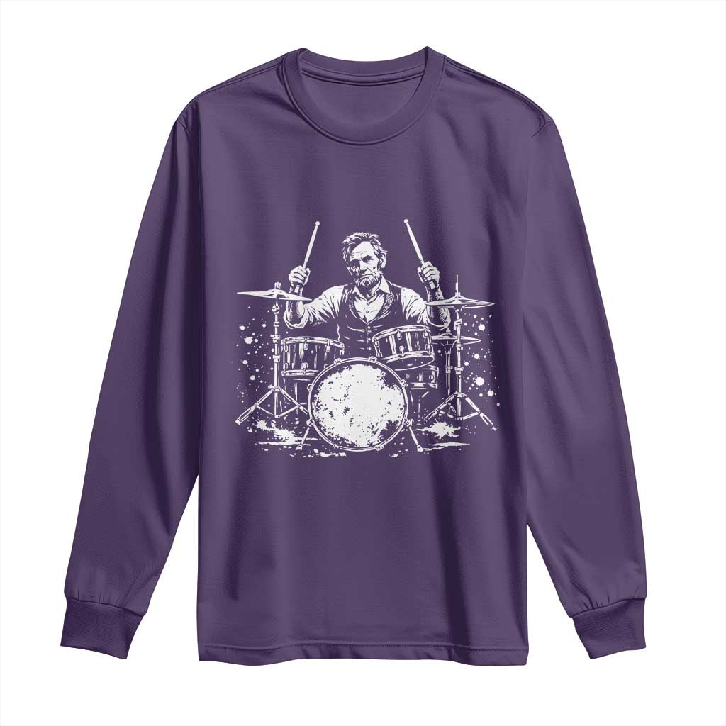 Vintage Abraham Lincoln Playing Drums Graphic Long Sleeve Shirt Abe Musician Patriotic Rockstar Drummer President TS02 Purple Print Your Wear