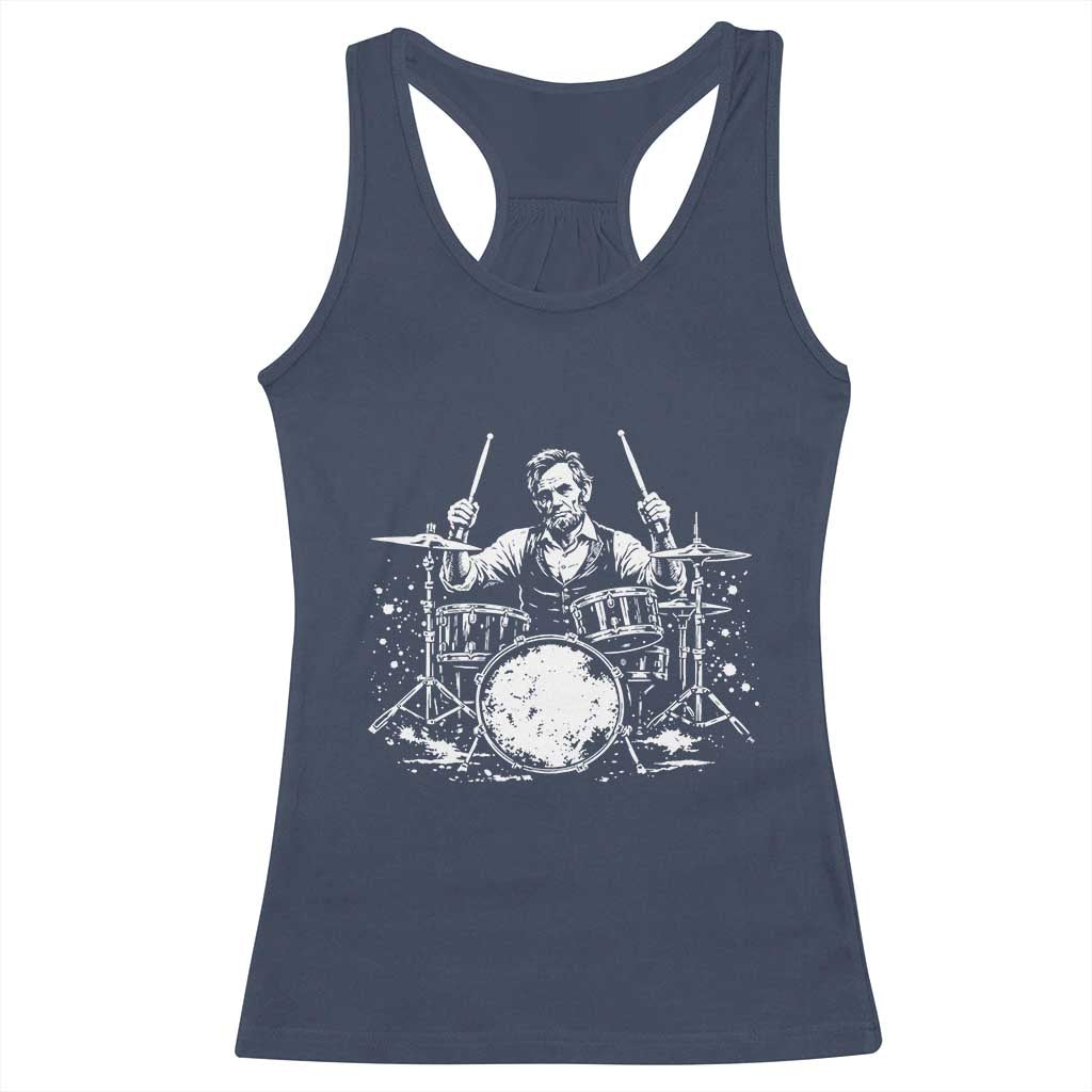 Vintage Abraham Lincoln Playing Drums Graphic Racerback Tank Top Abe Musician Patriotic Rockstar Drummer President TS02 Navy Print Your Wear
