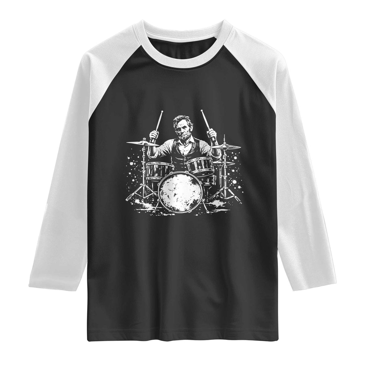 Vintage Abraham Lincoln Playing Drums Graphic Raglan Shirt Abe Musician Patriotic Rockstar Drummer President TS02 Black White Print Your Wear