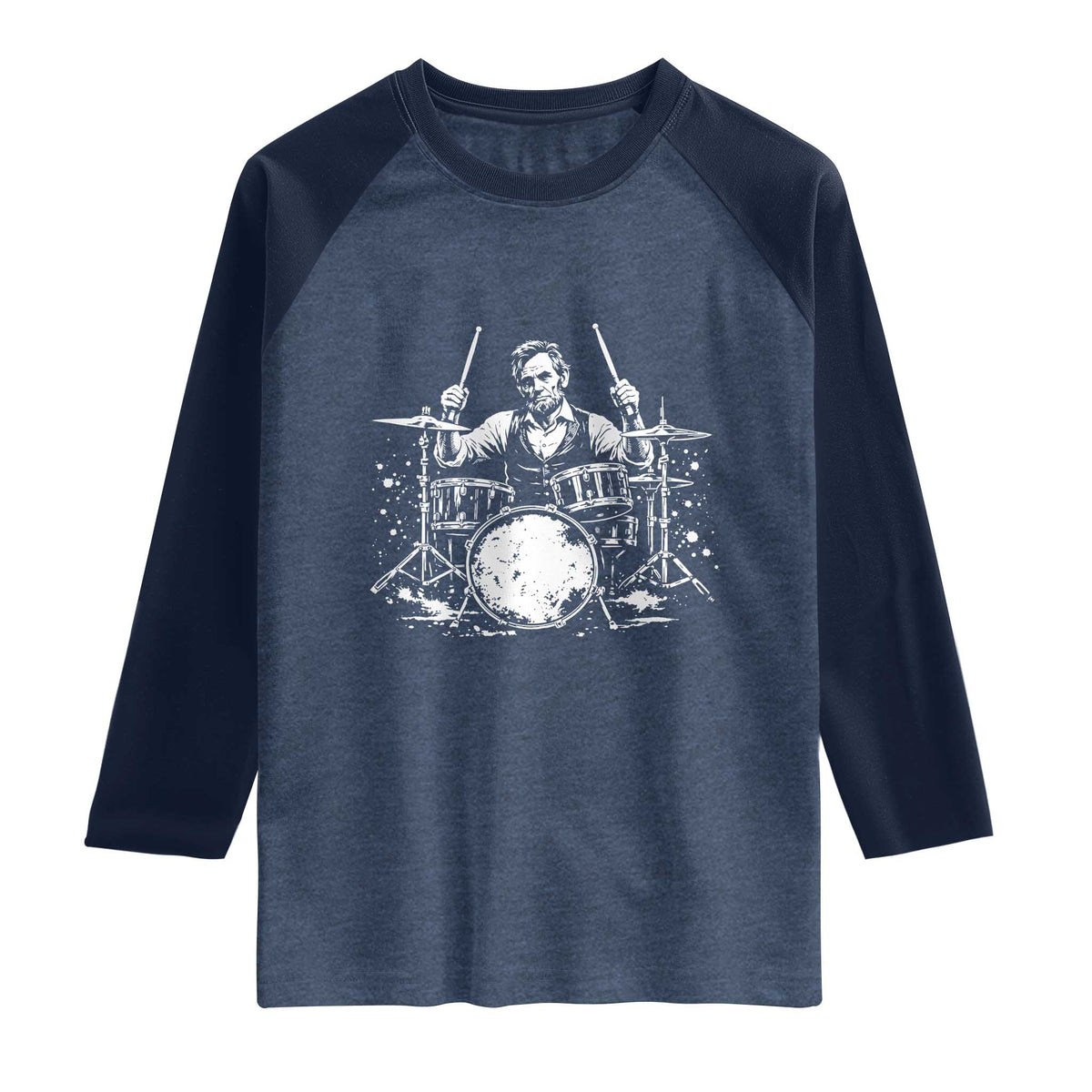 Vintage Abraham Lincoln Playing Drums Graphic Raglan Shirt Abe Musician Patriotic Rockstar Drummer President TS02 Heather Denim Navy Print Your Wear