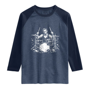 Vintage Abraham Lincoln Playing Drums Graphic Raglan Shirt Abe Musician Patriotic Rockstar Drummer President TS02 Heather Denim Navy Print Your Wear
