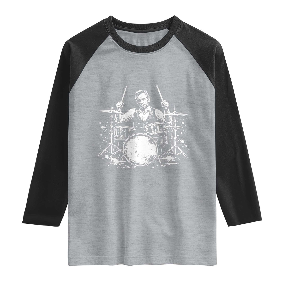 Vintage Abraham Lincoln Playing Drums Graphic Raglan Shirt Abe Musician Patriotic Rockstar Drummer President TS02 Heather Gray Black Print Your Wear