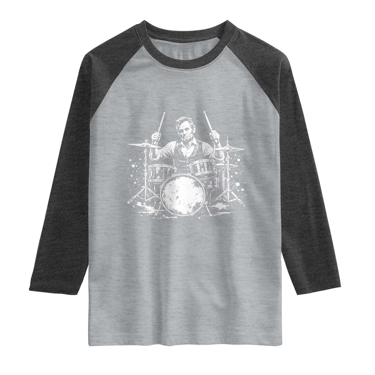 Vintage Abraham Lincoln Playing Drums Graphic Raglan Shirt Abe Musician Patriotic Rockstar Drummer President TS02 Heather Gray Heather Charcoal Print Your Wear