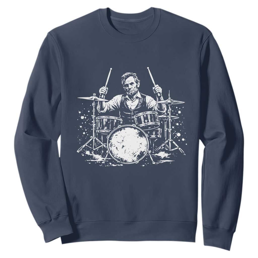 Vintage Abraham Lincoln Playing Drums Graphic Sweatshirt Abe Musician Patriotic Rockstar Drummer President TS02 Navy Print Your Wear