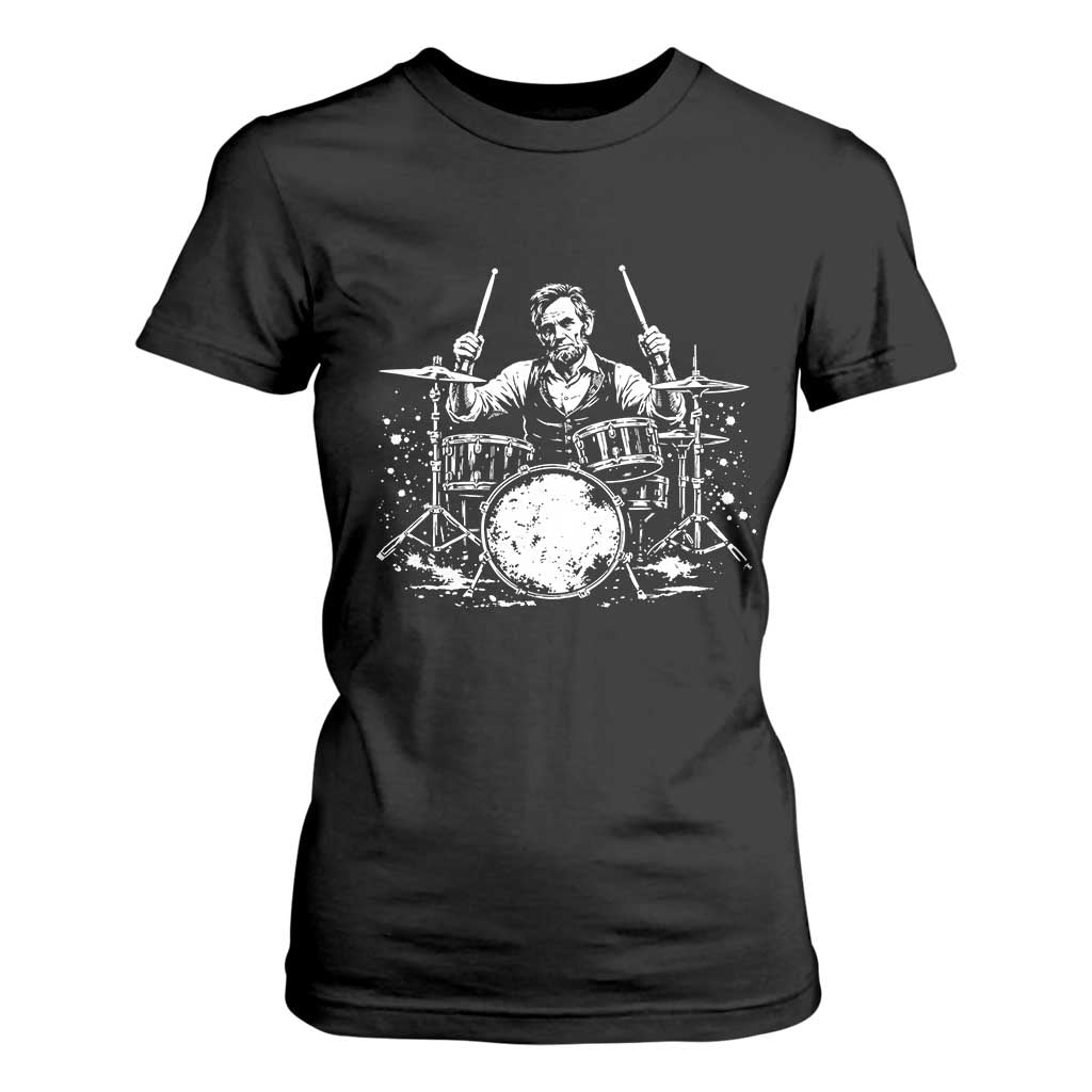 Vintage Abraham Lincoln Playing Drums Graphic T Shirt For Women Abe Musician Patriotic Rockstar Drummer President TS02 Black Print Your Wear