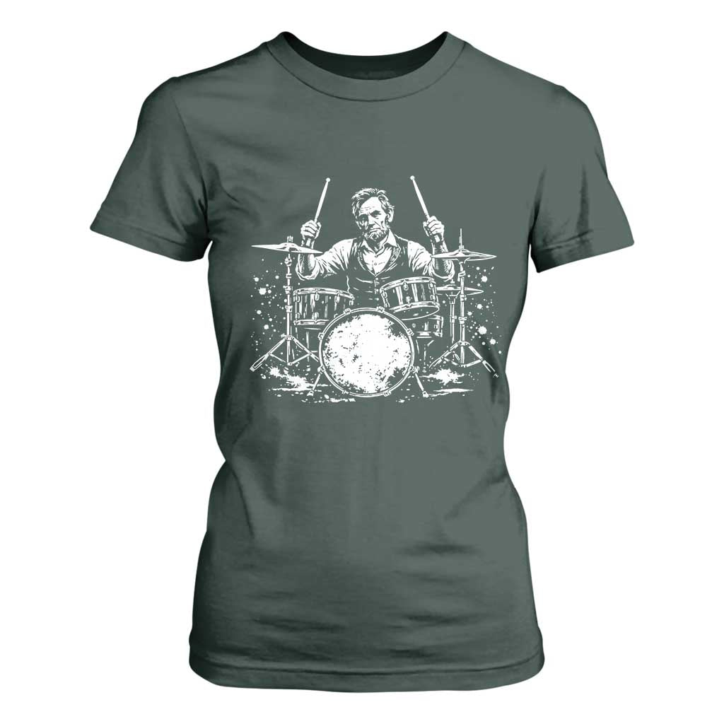 Vintage Abraham Lincoln Playing Drums Graphic T Shirt For Women Abe Musician Patriotic Rockstar Drummer President TS02 Dark Forest Green Print Your Wear