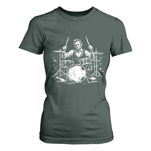 Vintage Abraham Lincoln Playing Drums Graphic T Shirt For Women Abe Musician Patriotic Rockstar Drummer President TS02 Dark Forest Green Print Your Wear