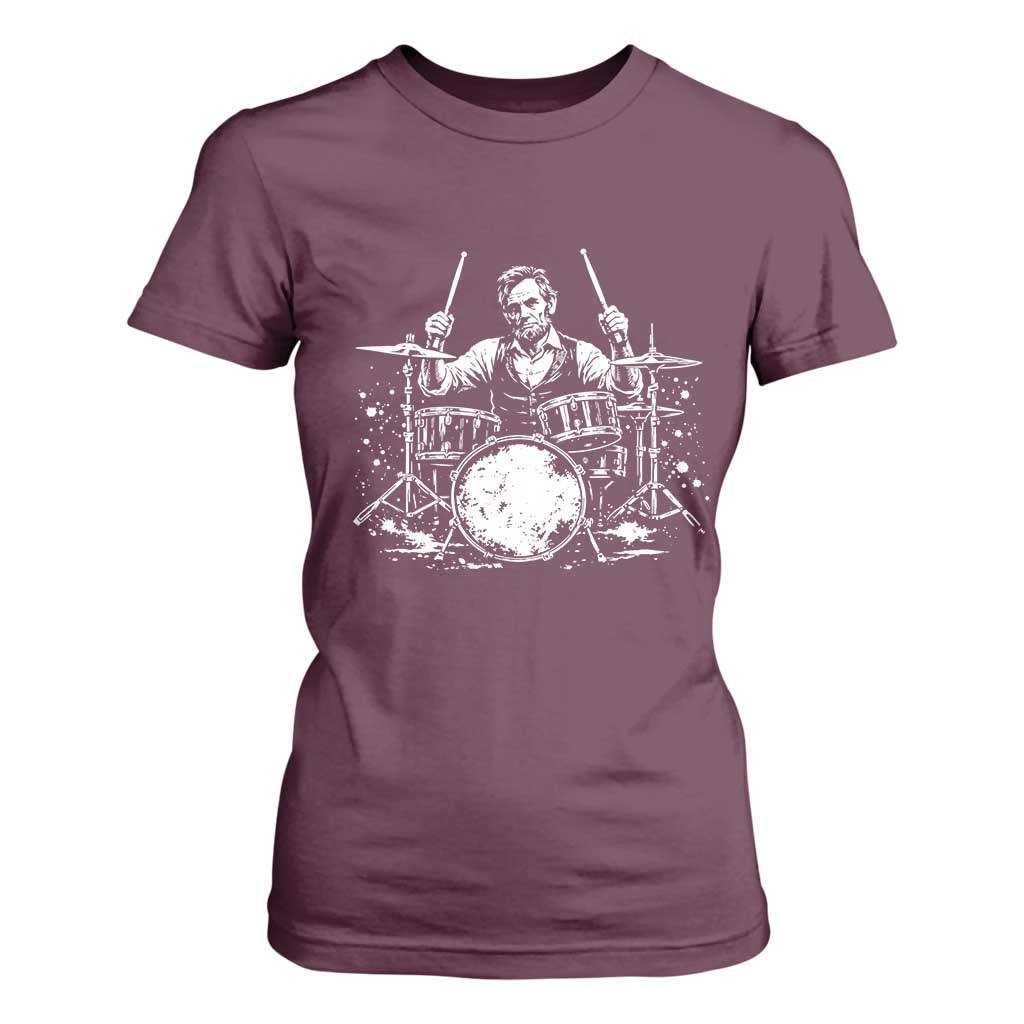 Vintage Abraham Lincoln Playing Drums Graphic T Shirt For Women Abe Musician Patriotic Rockstar Drummer President TS02 Maroon Print Your Wear