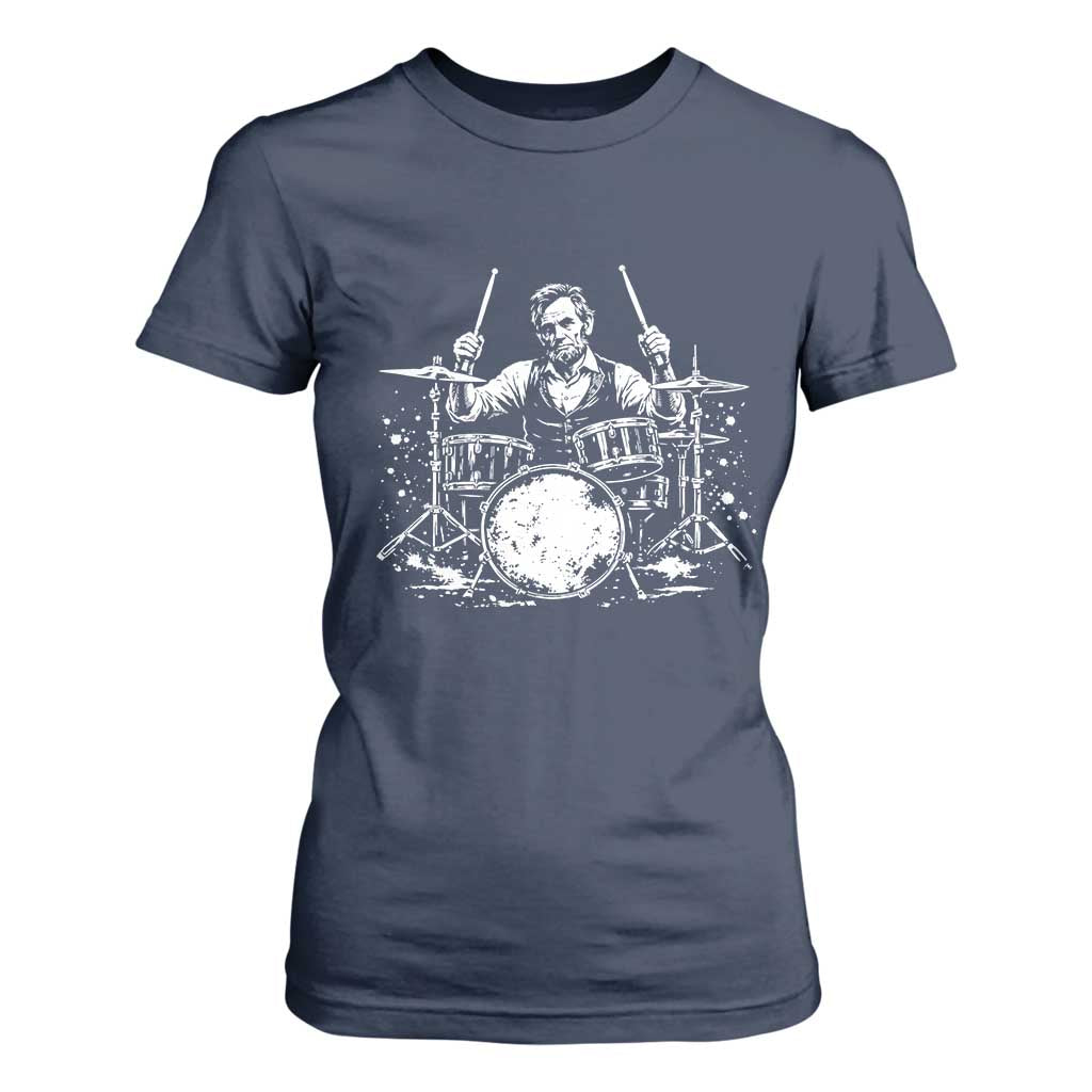 Vintage Abraham Lincoln Playing Drums Graphic T Shirt For Women Abe Musician Patriotic Rockstar Drummer President TS02 Navy Print Your Wear