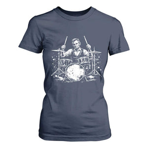 Vintage Abraham Lincoln Playing Drums Graphic T Shirt For Women Abe Musician Patriotic Rockstar Drummer President TS02 Navy Print Your Wear