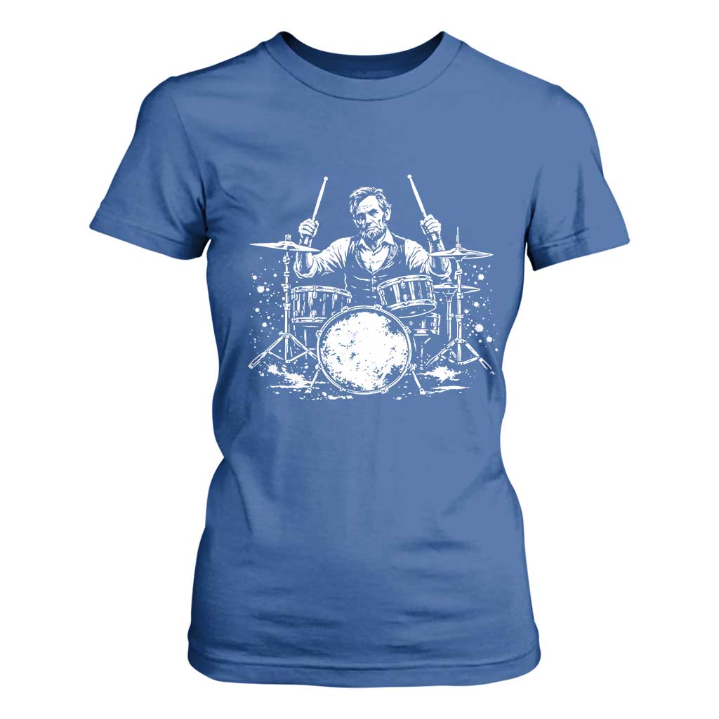 Vintage Abraham Lincoln Playing Drums Graphic T Shirt For Women Abe Musician Patriotic Rockstar Drummer President TS02 Royal Blue Print Your Wear
