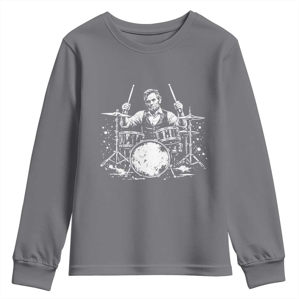 Vintage Abraham Lincoln Playing Drums Graphic Youth Sweatshirt Abe Musician Patriotic Rockstar Drummer President TS02 Charcoal Print Your Wear