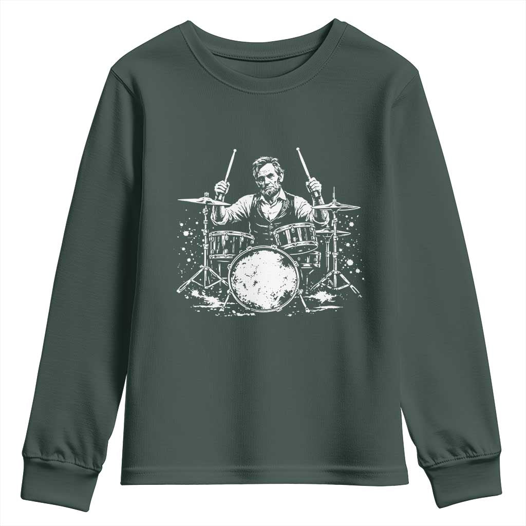 Vintage Abraham Lincoln Playing Drums Graphic Youth Sweatshirt Abe Musician Patriotic Rockstar Drummer President TS02 Dark Forest Green Print Your Wear