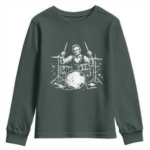 Vintage Abraham Lincoln Playing Drums Graphic Youth Sweatshirt Abe Musician Patriotic Rockstar Drummer President TS02 Dark Forest Green Print Your Wear