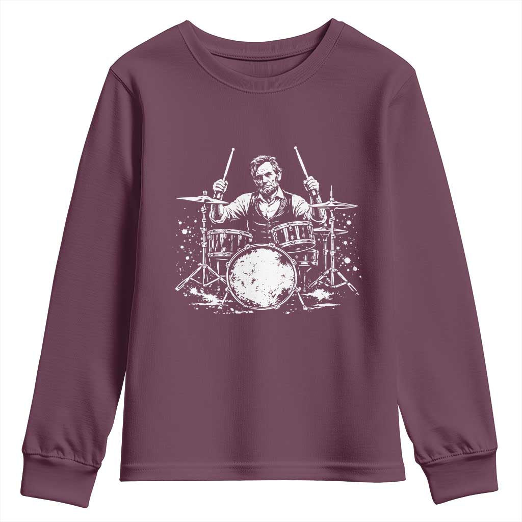Vintage Abraham Lincoln Playing Drums Graphic Youth Sweatshirt Abe Musician Patriotic Rockstar Drummer President TS02 Maroon Print Your Wear