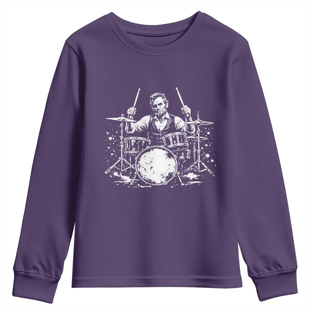 Vintage Abraham Lincoln Playing Drums Graphic Youth Sweatshirt Abe Musician Patriotic Rockstar Drummer President TS02 Purple Print Your Wear