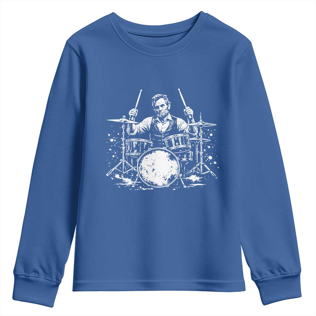 Vintage Abraham Lincoln Playing Drums Graphic Youth Sweatshirt Abe Musician Patriotic Rockstar Drummer President TS02 Royal Blue Print Your Wear