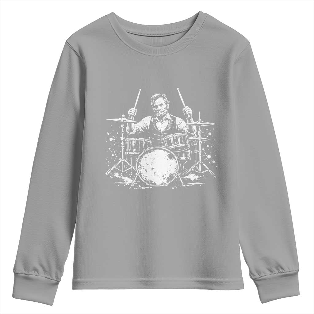 Vintage Abraham Lincoln Playing Drums Graphic Youth Sweatshirt Abe Musician Patriotic Rockstar Drummer President TS02 Sport Gray Print Your Wear