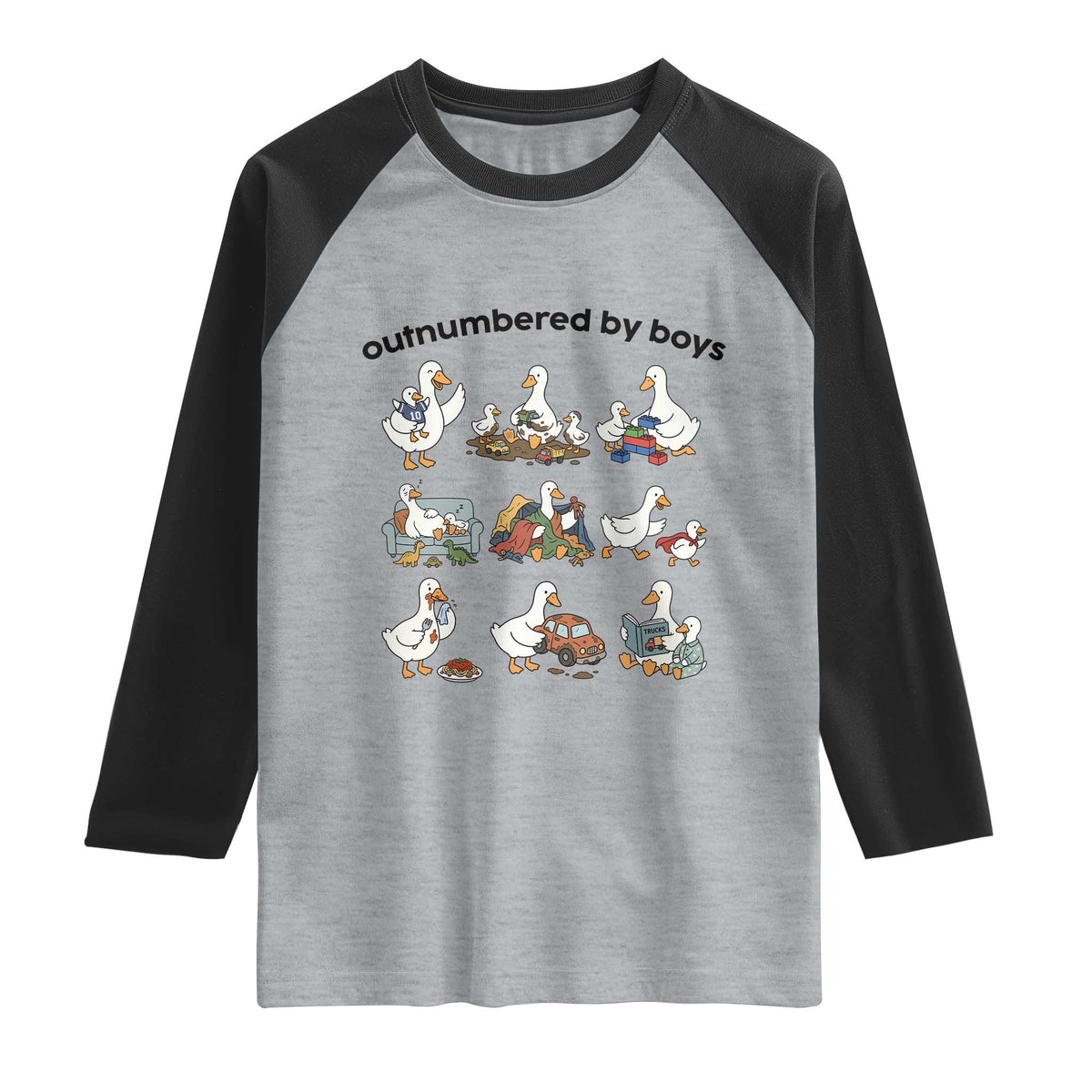 Outnumbered By Boys Funny Goose Mom Life Raglan Shirt Chaos Coordinator Motherhood Mothers Day Gag Gift TS02 Heather Gray Black Print Your Wear